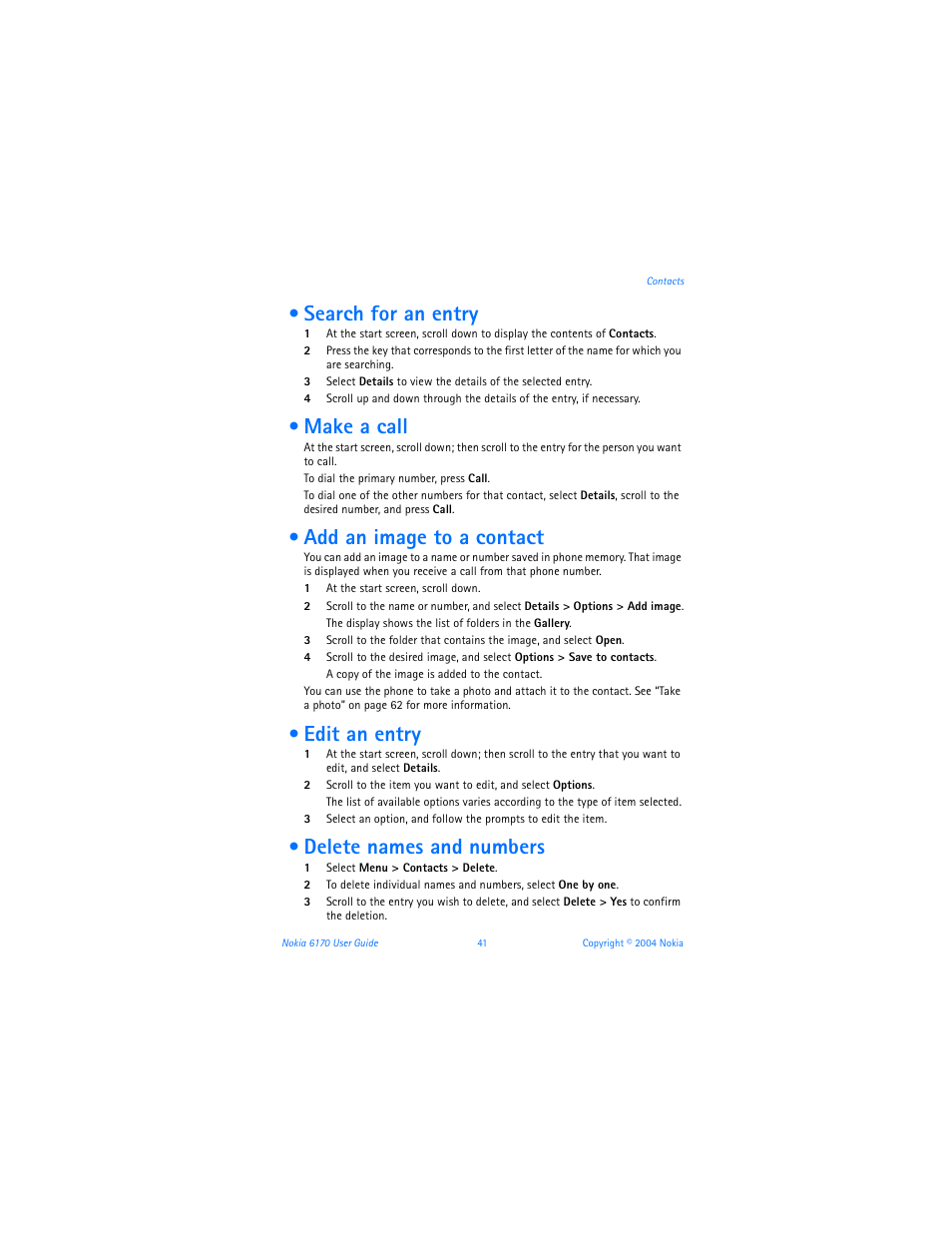 Search for an entry, Make a call, Add an image to a contact | Edit an entry, Delete names and numbers | Nokia 6170 User Manual | Page 42 / 209