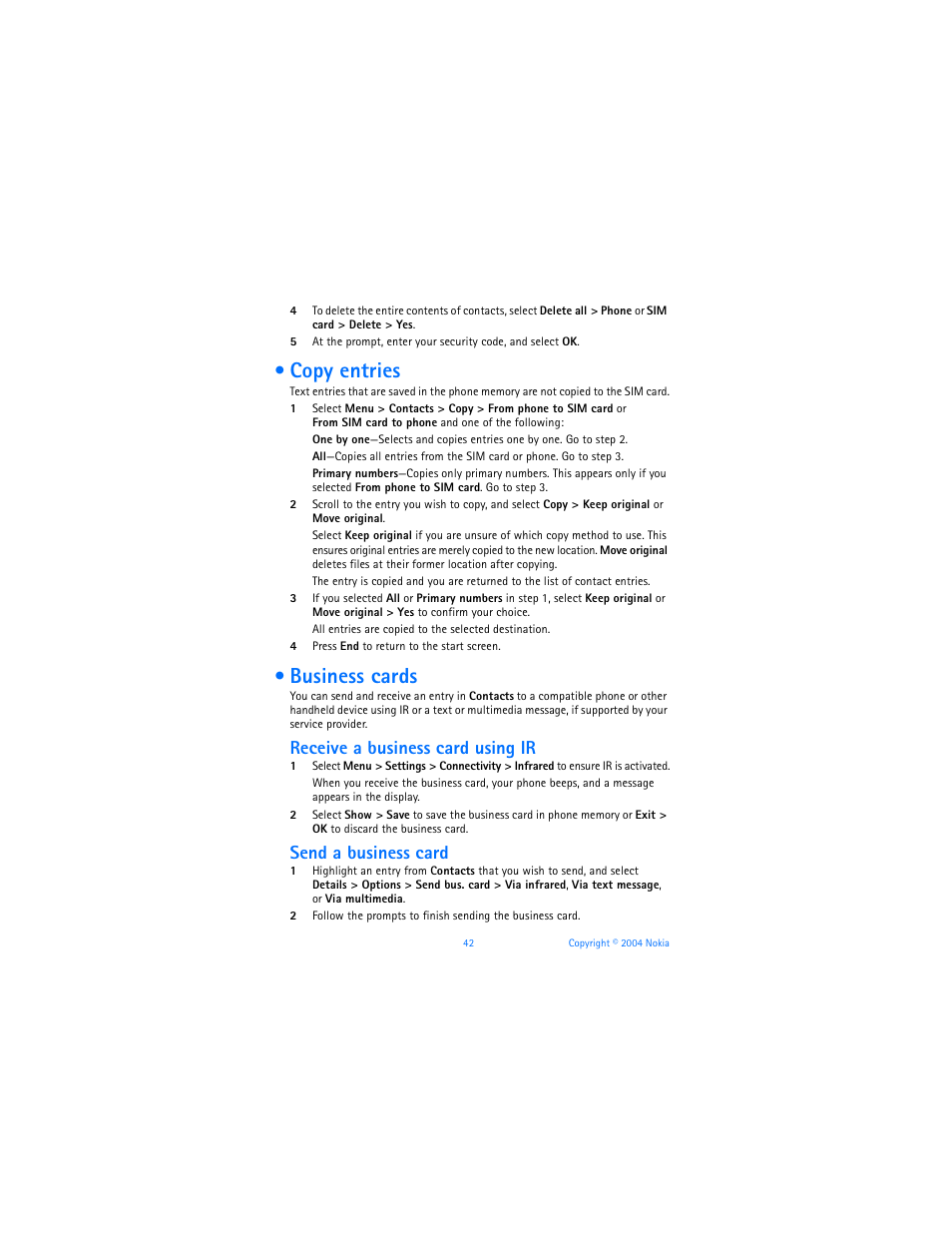 Copy entries, Business cards, Copy entries business cards | Receive a business card using ir, Send a business card | Nokia 6170 User Manual | Page 43 / 209