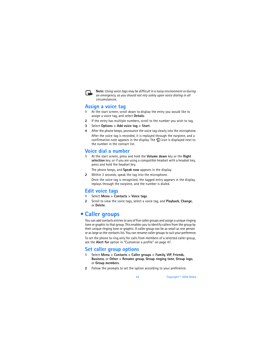 Caller groups, Assign a voice tag, Voice dial a number | Edit voice tags, Set caller group options | Nokia 6170 User Manual | Page 45 / 209