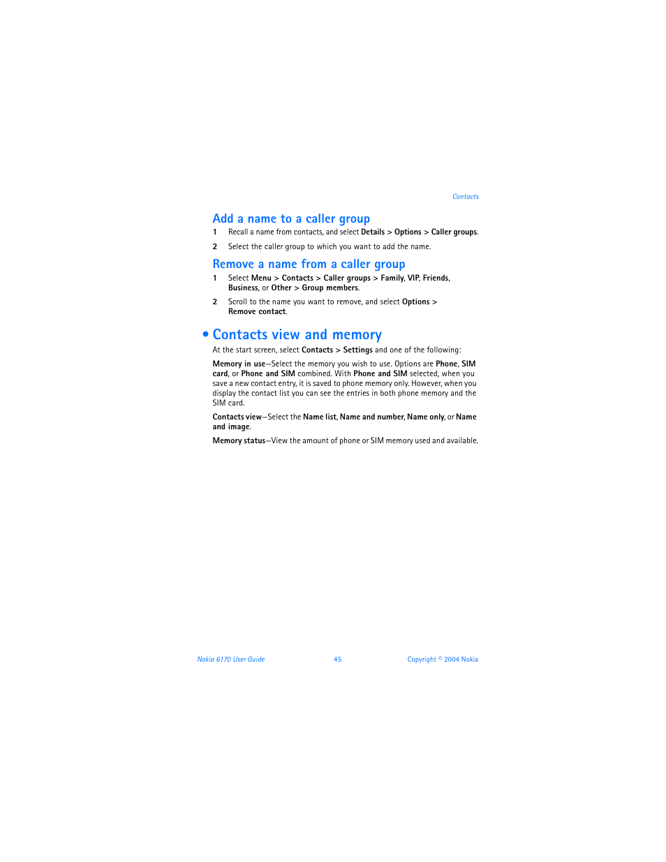 Contacts view and memory, Add a name to a caller group, Remove a name from a caller group | Nokia 6170 User Manual | Page 46 / 209