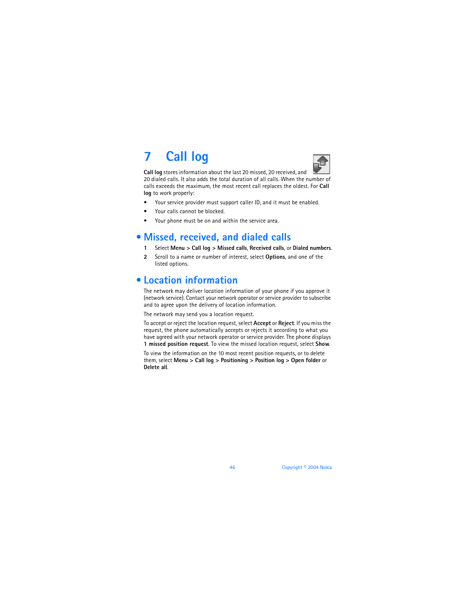 7 call log, Missed, received, and dialed calls, Location information | Call log, 7call log | Nokia 6170 User Manual | Page 47 / 209