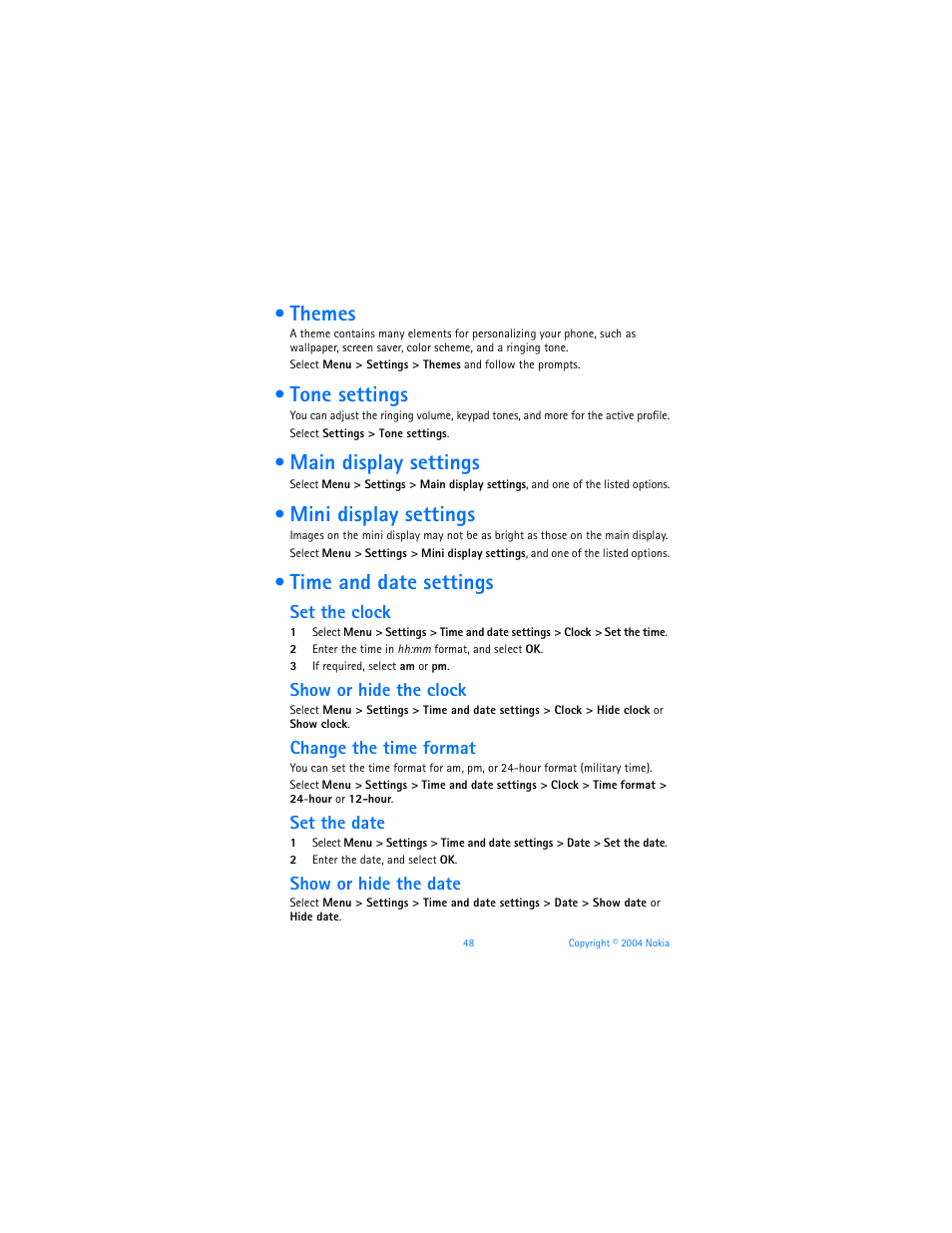 Themes, Tone settings, Main display settings | Mini display settings, Time and date settings, Themes tone settings, Set the clock, Show or hide the clock, Change the time format, Set the date | Nokia 6170 User Manual | Page 49 / 209