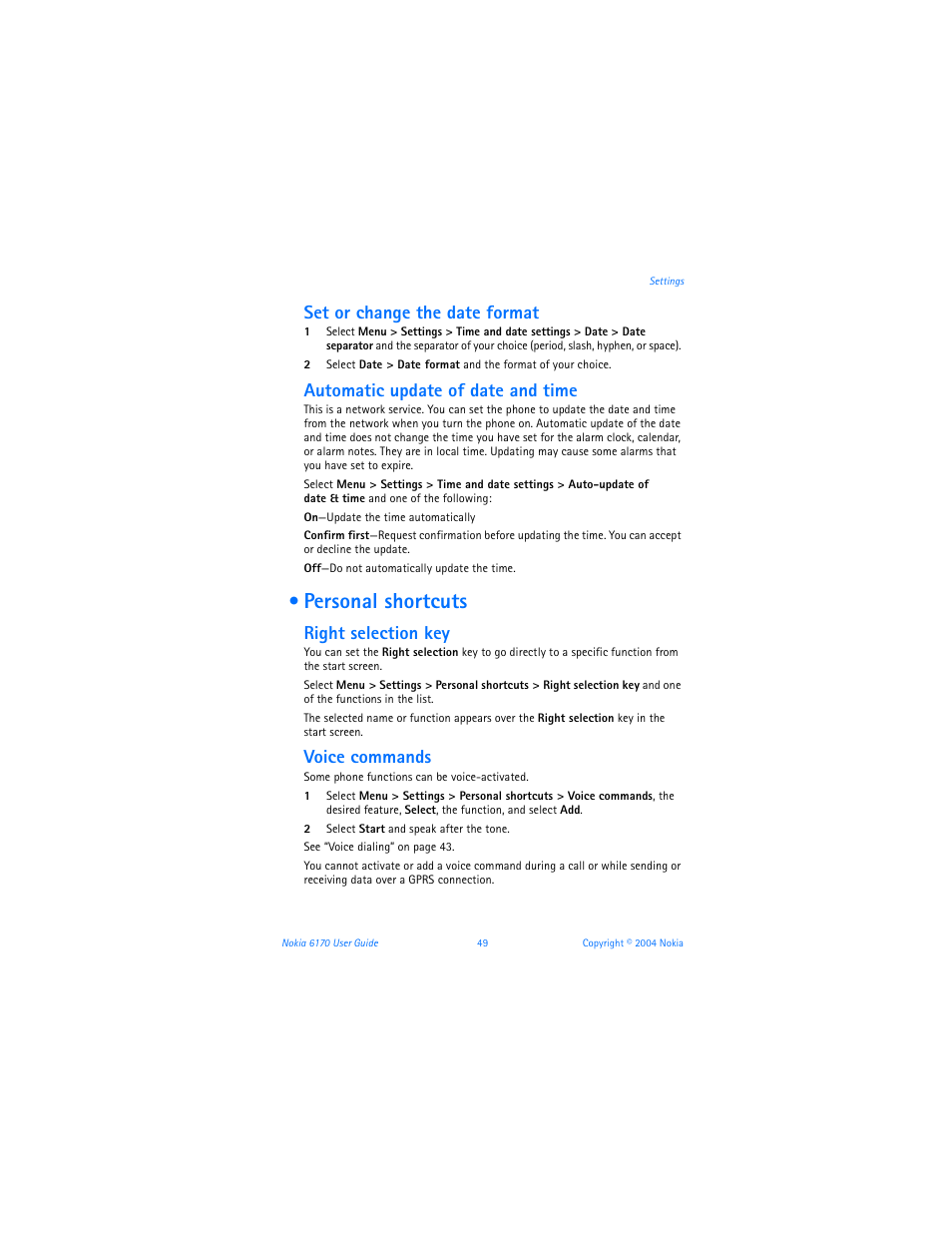 Personal shortcuts, Set or change the date format, Automatic update of date and time | Right selection key, Voice commands | Nokia 6170 User Manual | Page 50 / 209