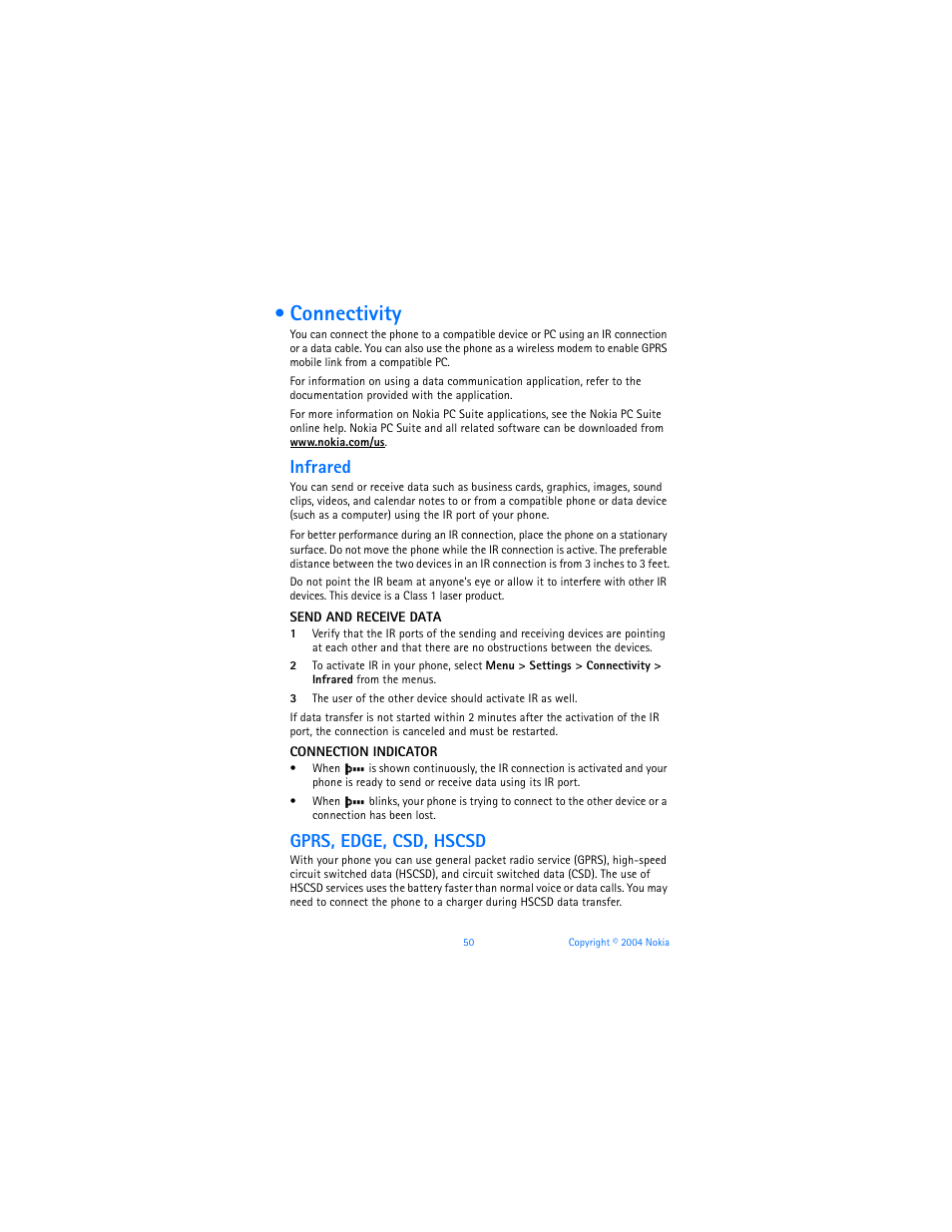 Connectivity, Infrared, Gprs, edge, csd, hscsd | Nokia 6170 User Manual | Page 51 / 209