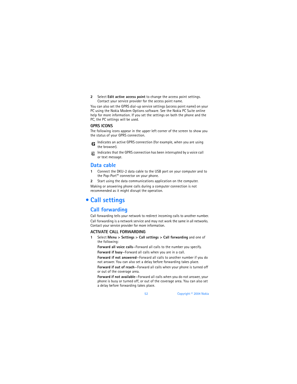 Call settings, Data cable, Call forwarding | Nokia 6170 User Manual | Page 53 / 209