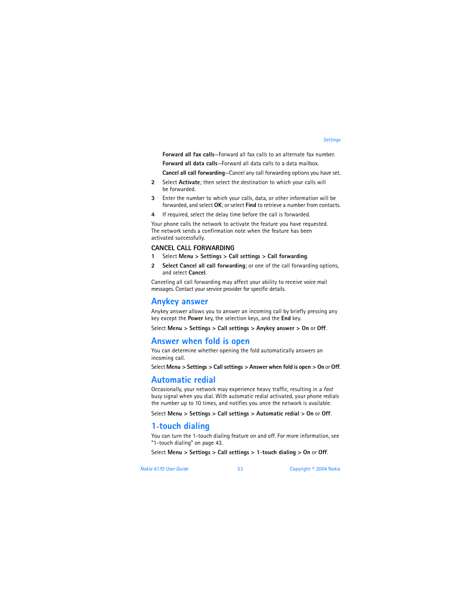 Anykey answer, Answer when fold is open, Automatic redial | Touch dialing | Nokia 6170 User Manual | Page 54 / 209