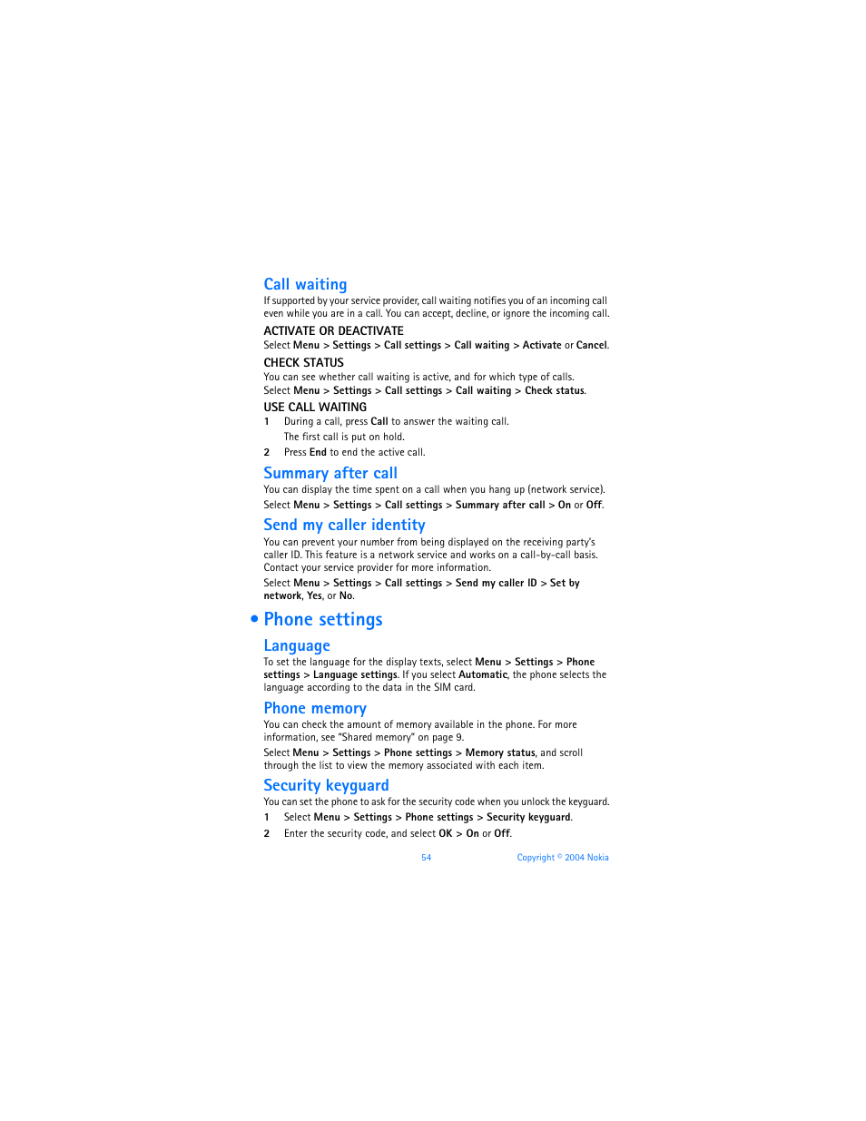 Phone settings, Call waiting, Summary after call | Send my caller identity, Language, Security keyguard | Nokia 6170 User Manual | Page 55 / 209