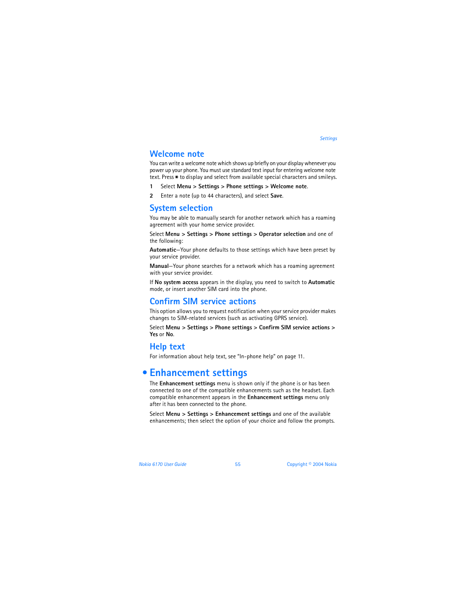 Enhancement settings, System selection, Confirm sim service actions | Help text | Nokia 6170 User Manual | Page 56 / 209