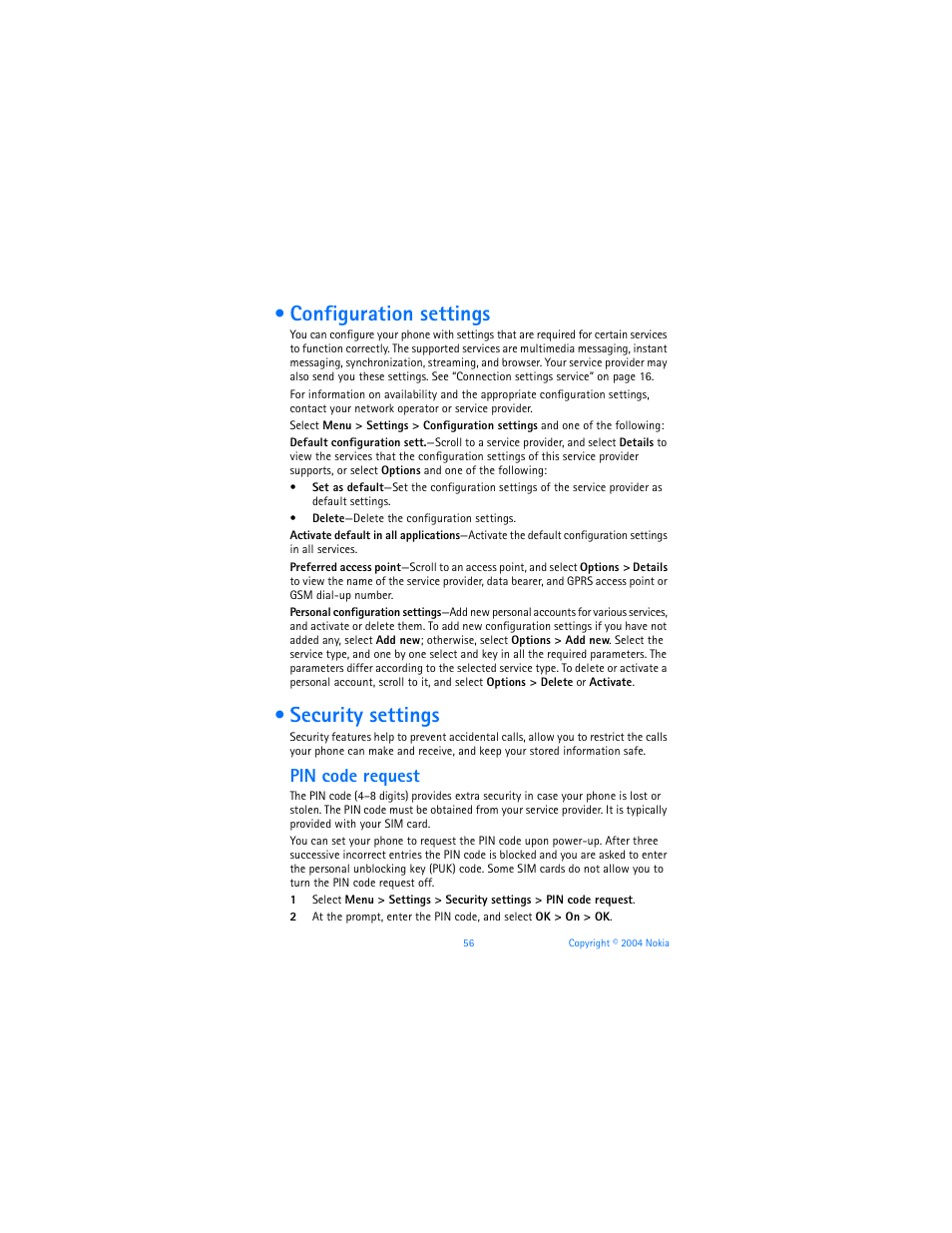 Configuration settings, Security settings, Configuration settings security settings | Pin code request | Nokia 6170 User Manual | Page 57 / 209
