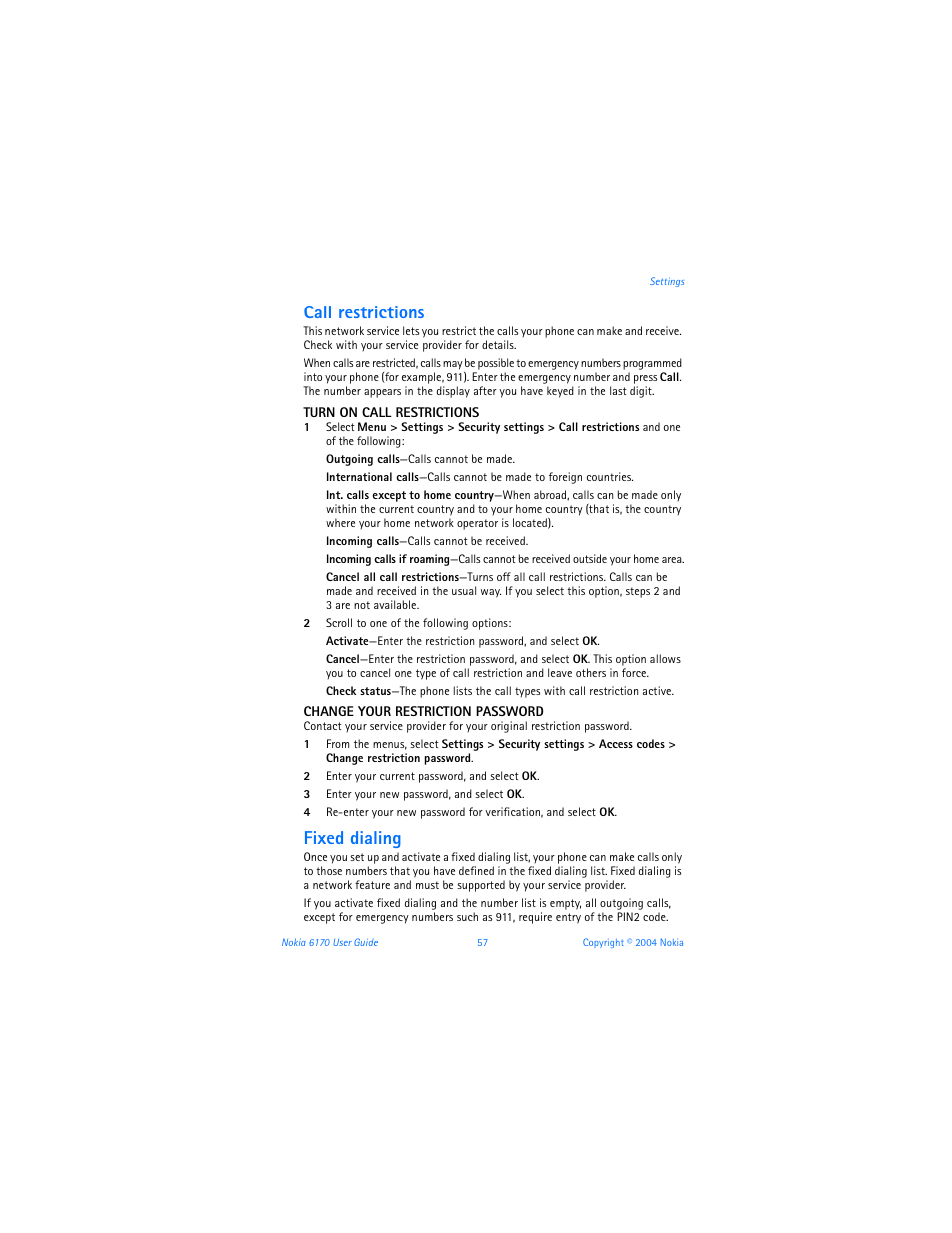 Call restrictions, Fixed dialing | Nokia 6170 User Manual | Page 58 / 209