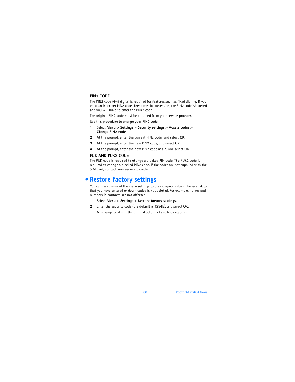 Restore factory settings | Nokia 6170 User Manual | Page 61 / 209