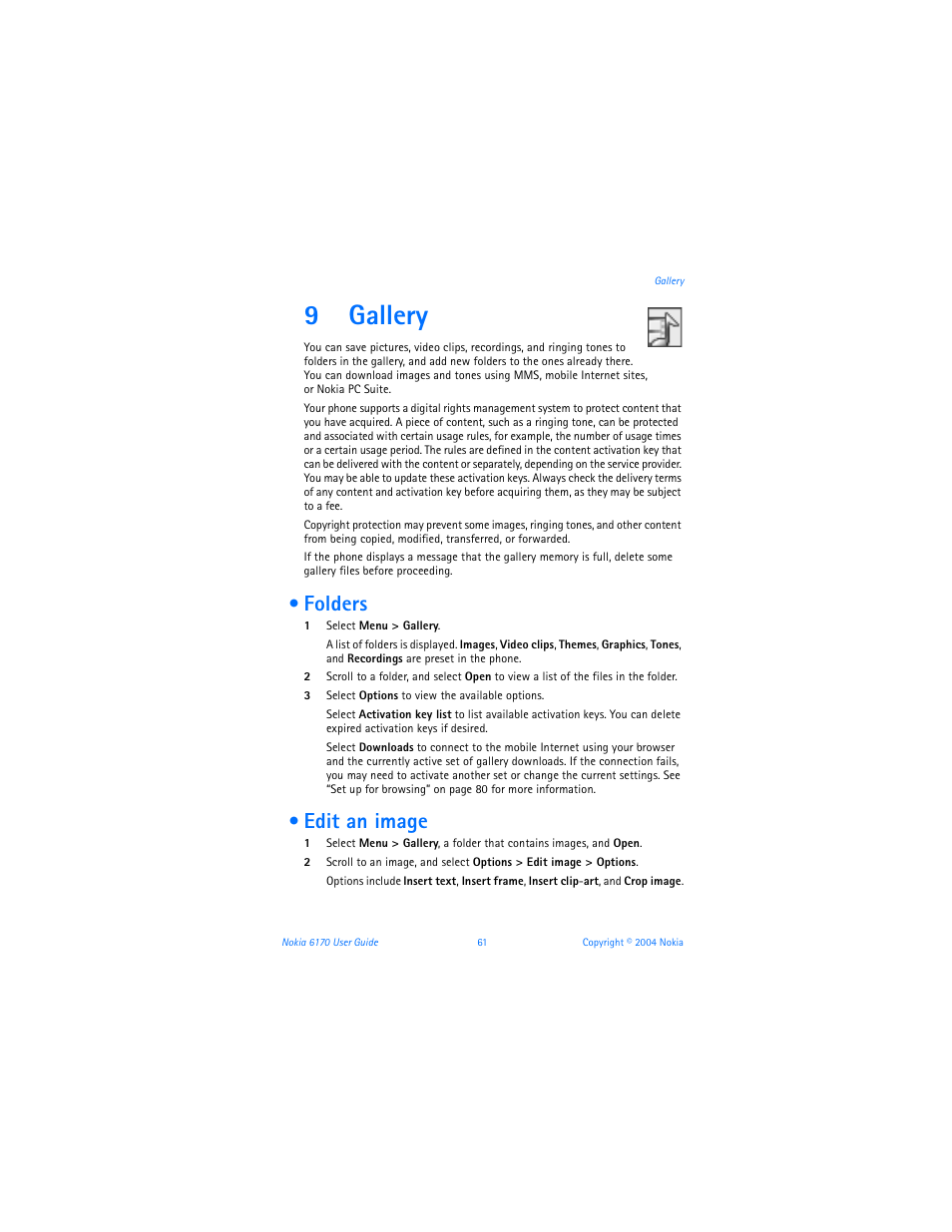 9 gallery, Folders, Edit an image | Gallery, Folders edit an image, 9gallery | Nokia 6170 User Manual | Page 62 / 209