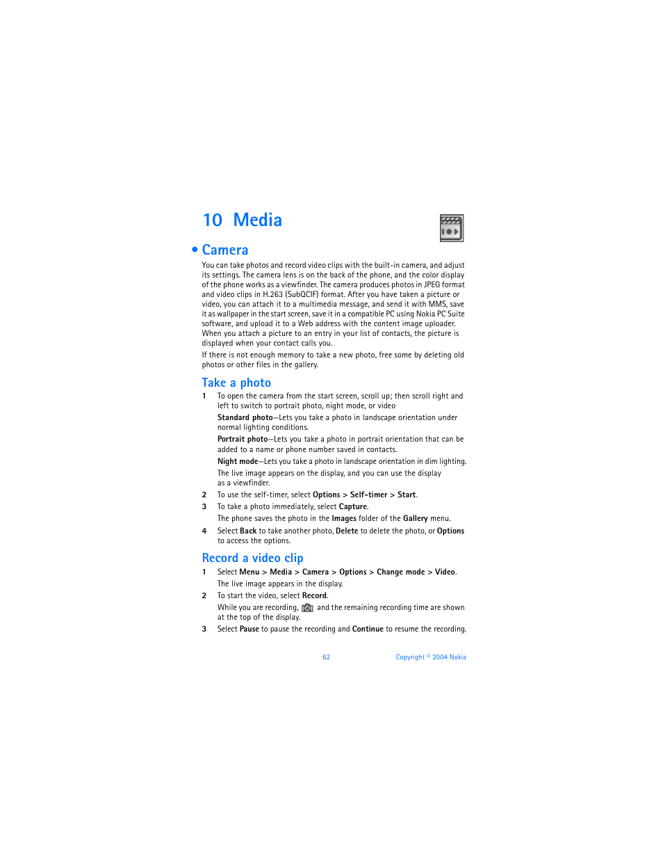 10 media, Camera, Media | Take a photo, Record a video clip | Nokia 6170 User Manual | Page 63 / 209