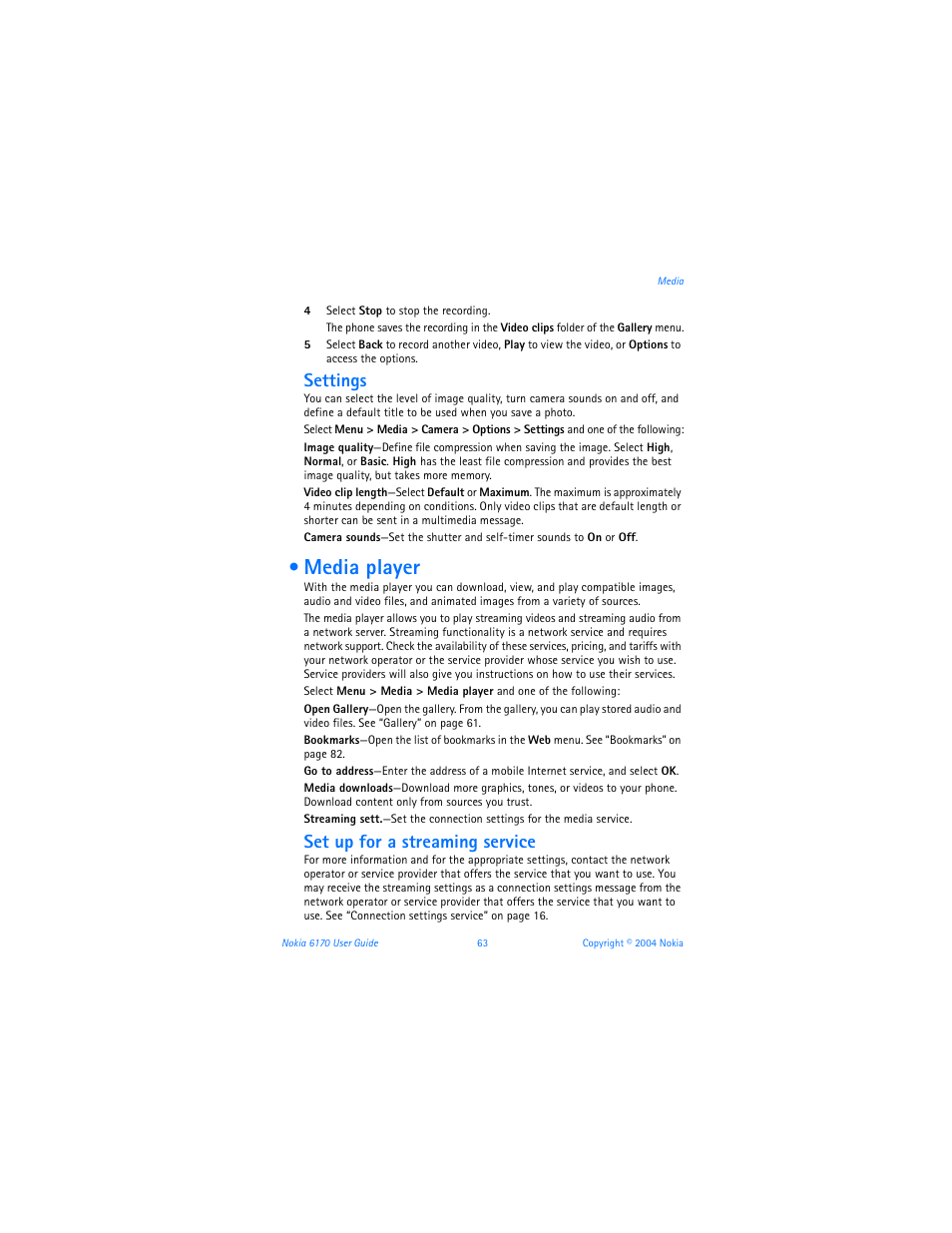 Media player, Settings, Set up for a streaming service | Nokia 6170 User Manual | Page 64 / 209