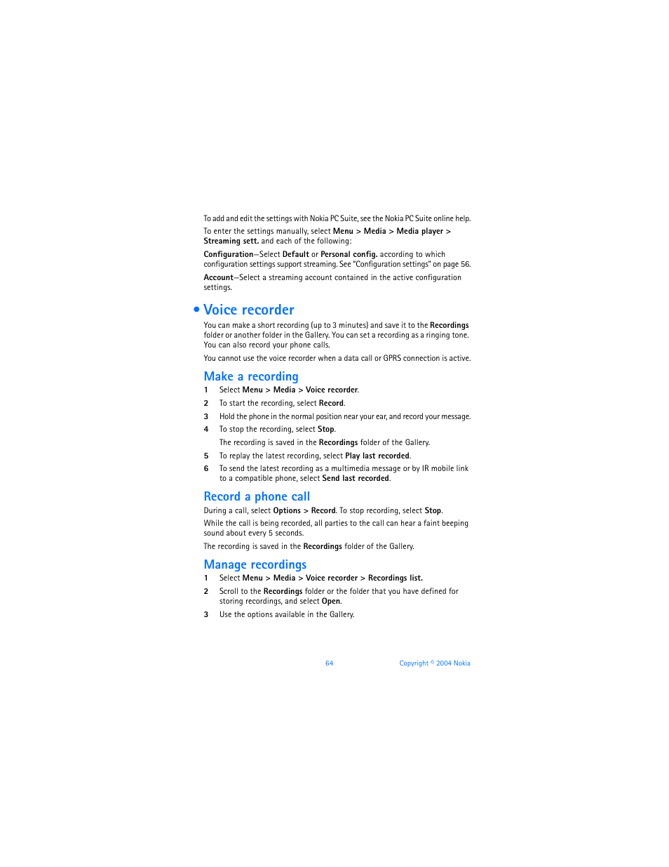 Voice recorder, Make a recording, Record a phone call | Manage recordings | Nokia 6170 User Manual | Page 65 / 209