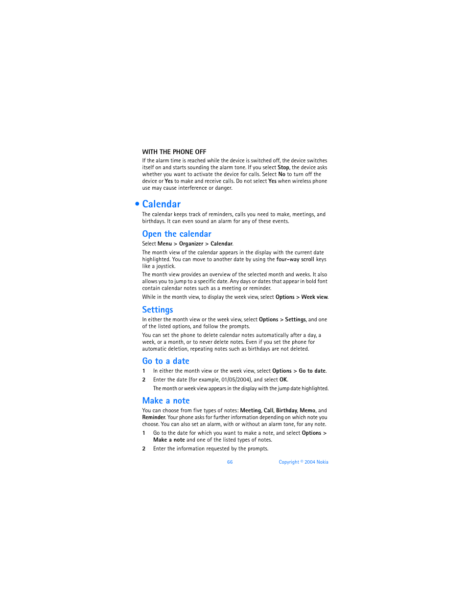 Calendar, Open the calendar, Settings | Go to a date | Nokia 6170 User Manual | Page 67 / 209