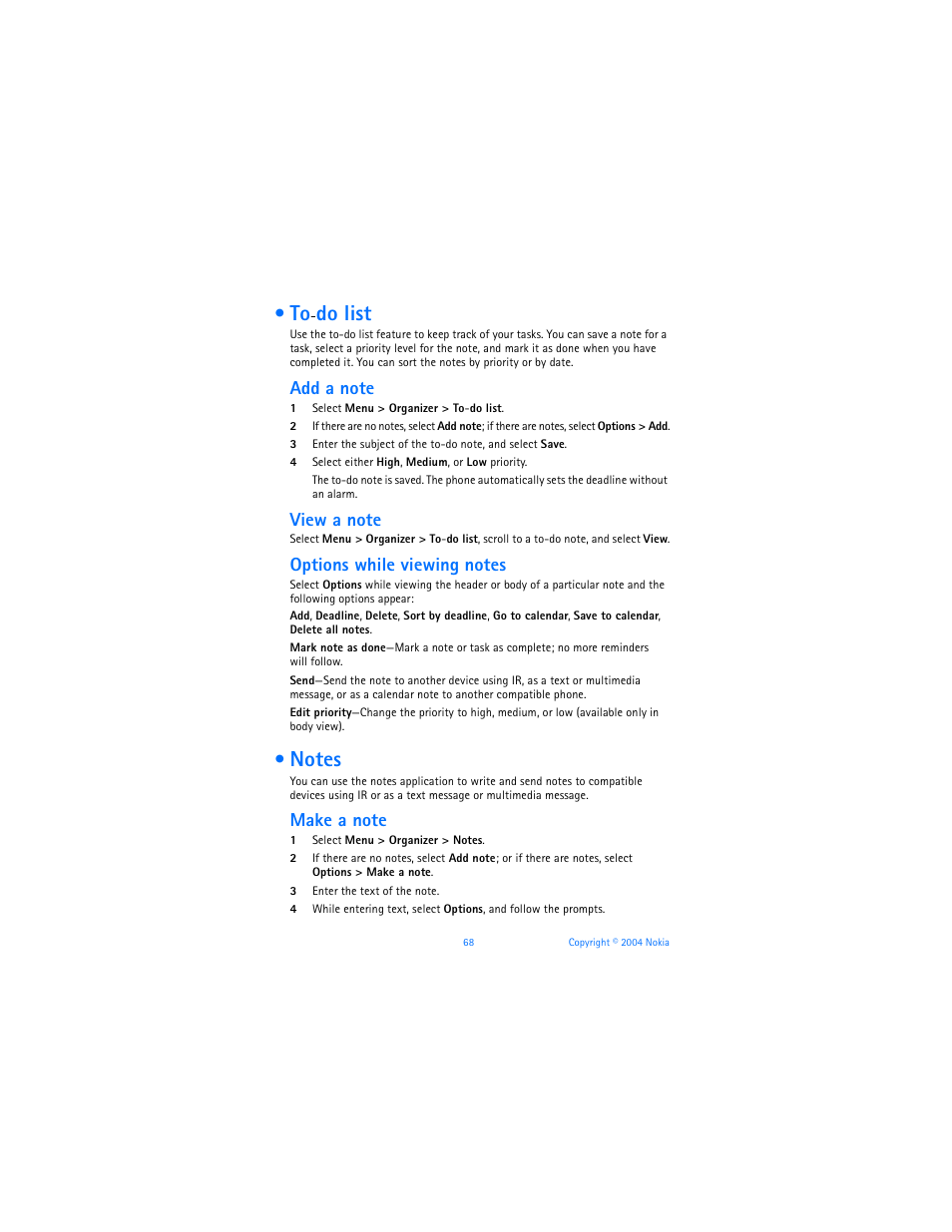 To-do list, Notes, To-do list notes | Do list | Nokia 6170 User Manual | Page 69 / 209