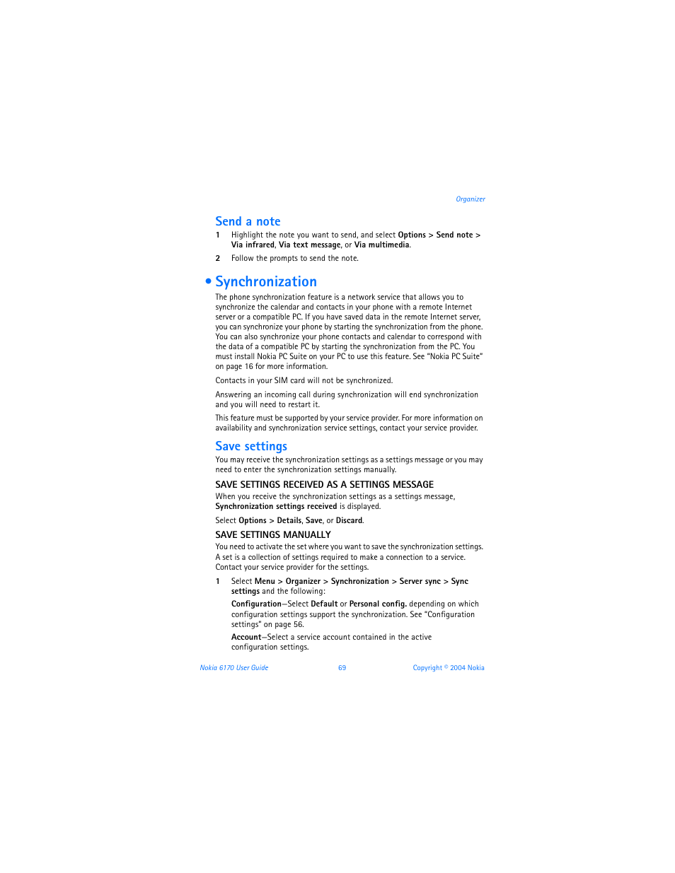 Synchronization, Save settings | Nokia 6170 User Manual | Page 70 / 209