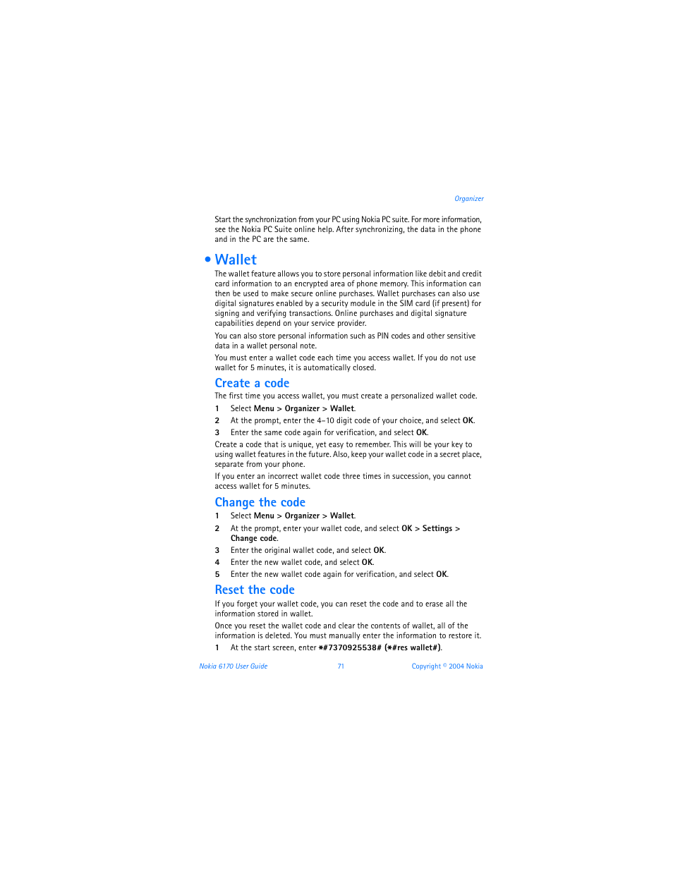 Wallet, Create a code, Change the code | Reset the code | Nokia 6170 User Manual | Page 72 / 209