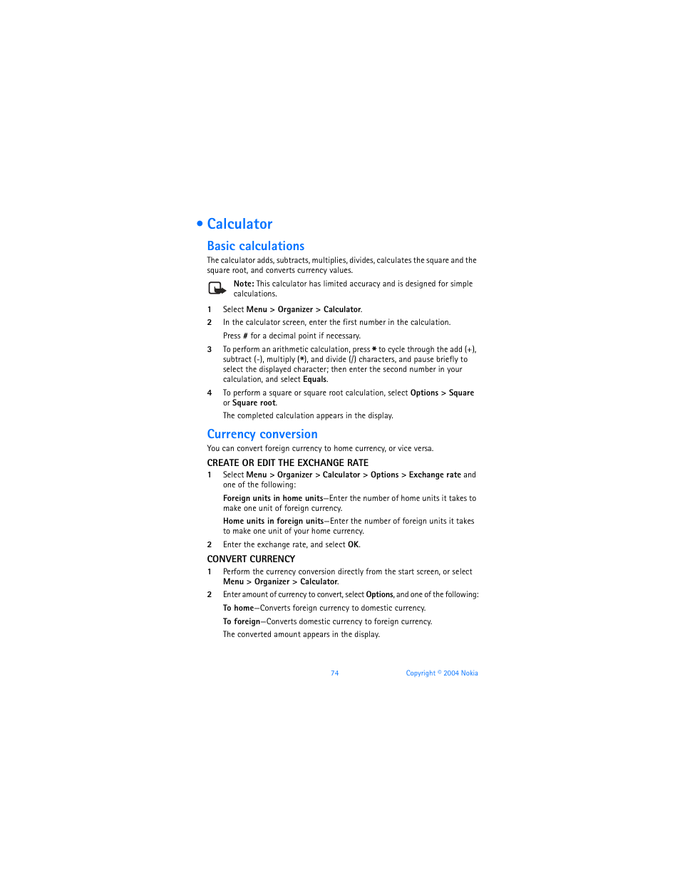 Calculator, Basic calculations, Currency conversion | Nokia 6170 User Manual | Page 75 / 209
