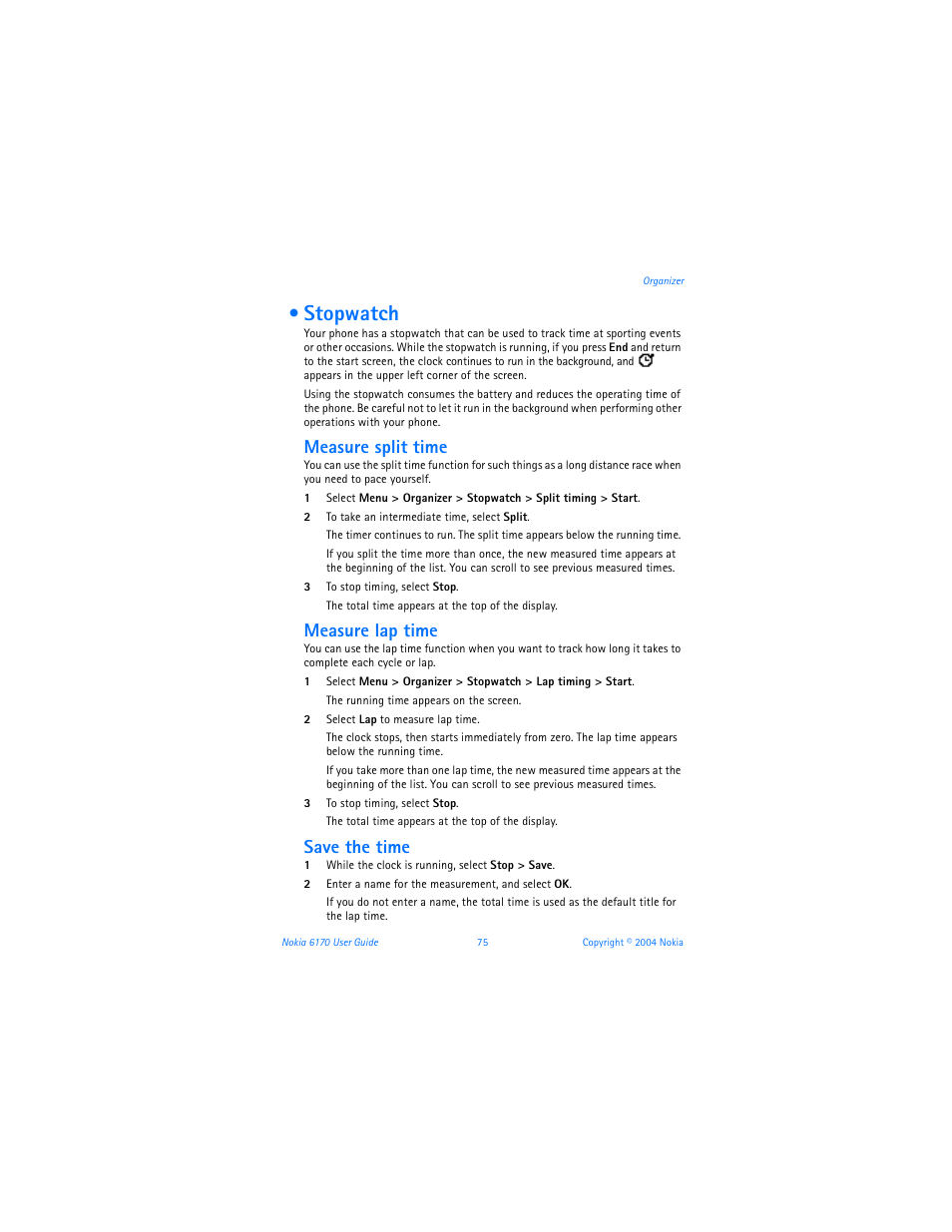 Stopwatch, Measure split time, Measure lap time | Save the time | Nokia 6170 User Manual | Page 76 / 209