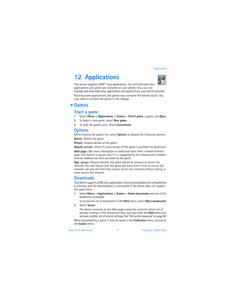 12 applications, Games, Applications | Start a game, Options, Downloads | Nokia 6170 User Manual | Page 78 / 209