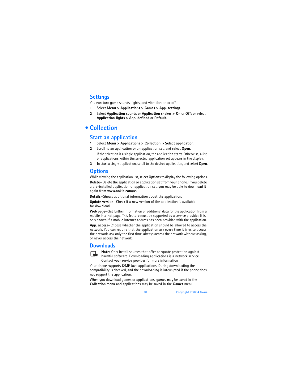 Collection, Settings, Start an application | Options, Downloads | Nokia 6170 User Manual | Page 79 / 209
