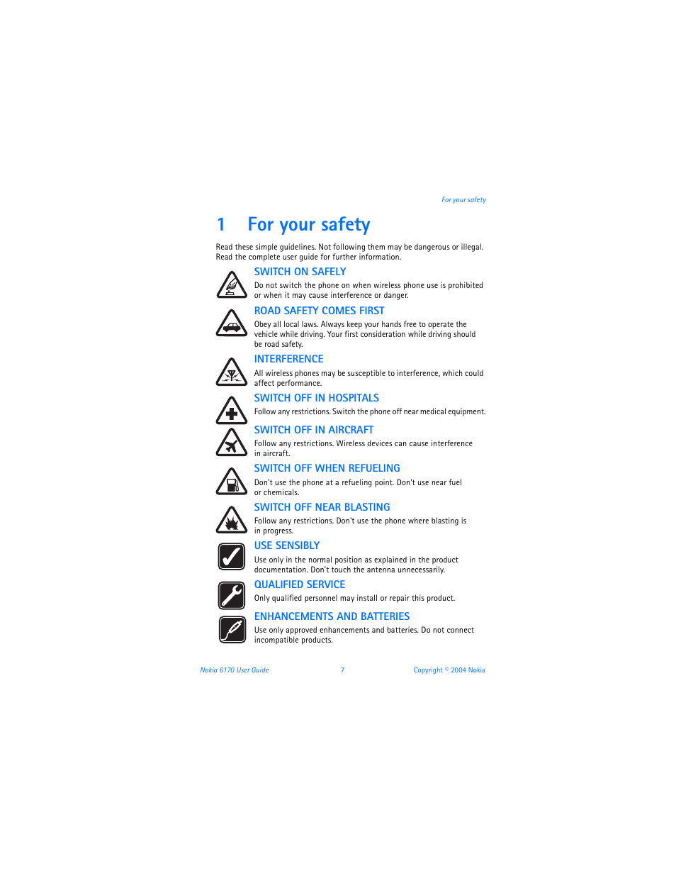 1 for your safety, For your safety, 1for your safety | Nokia 6170 User Manual | Page 8 / 209