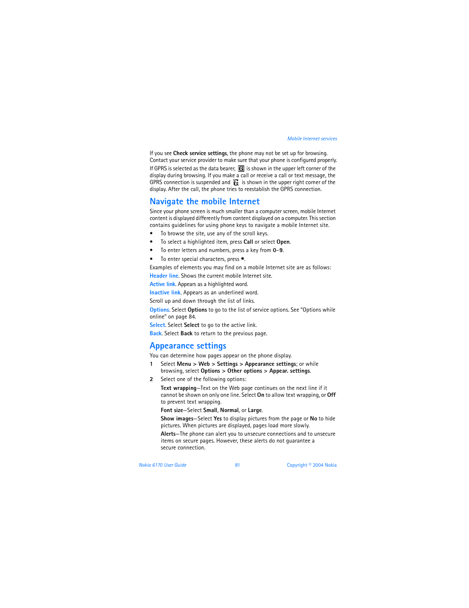 Navigate the mobile internet, Appearance settings | Nokia 6170 User Manual | Page 82 / 209