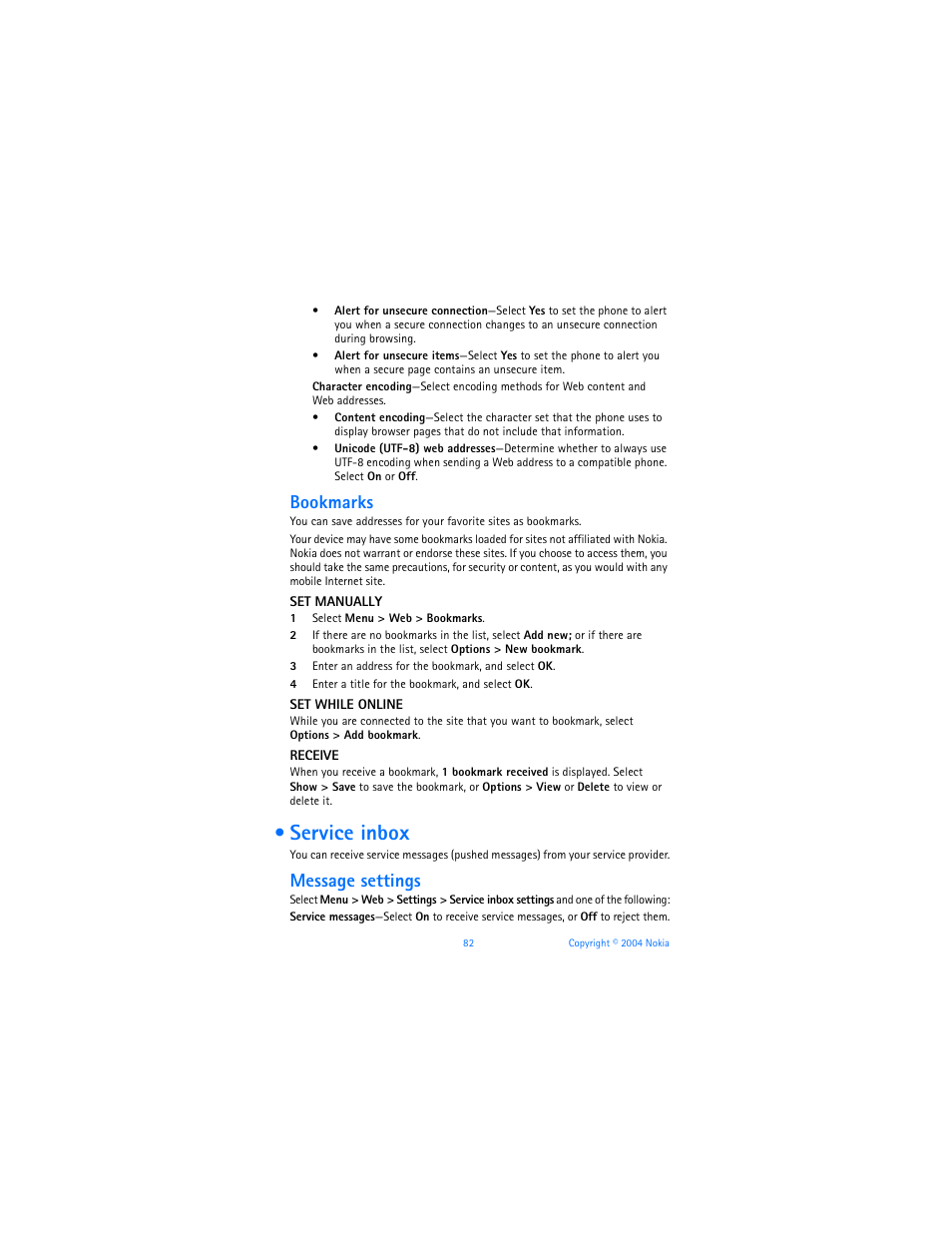 Service inbox, Bookmarks, Message settings | Nokia 6170 User Manual | Page 83 / 209