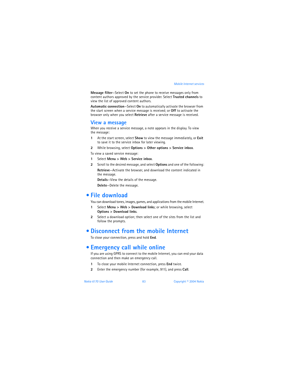 File download, Disconnect from the mobile internet, Emergency call while online | View a message | Nokia 6170 User Manual | Page 84 / 209