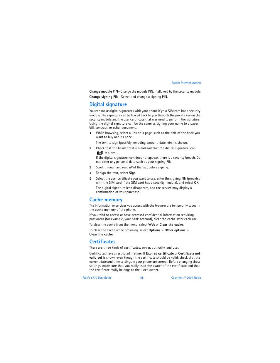 Digital signature, Certificates | Nokia 6170 User Manual | Page 86 / 209