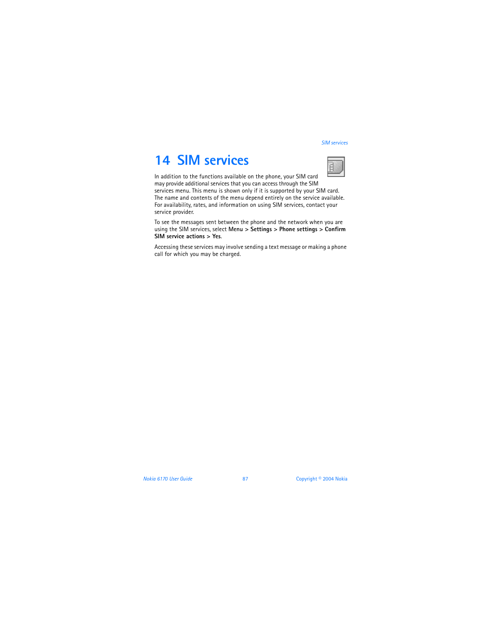 14 sim services, Sim services | Nokia 6170 User Manual | Page 88 / 209