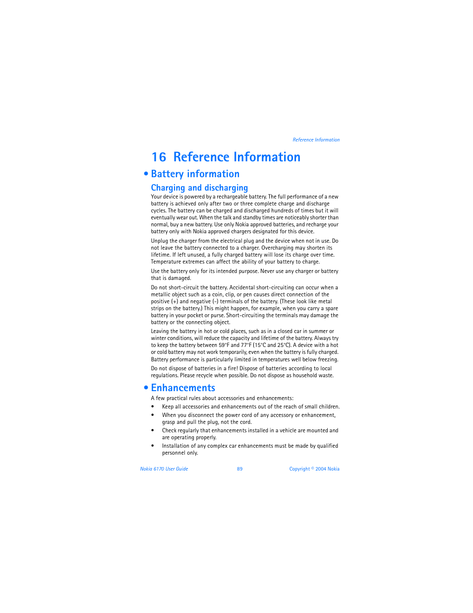 16 reference information, Battery information, Enhancements | Reference information, Battery information enhancements, Charging and discharging | Nokia 6170 User Manual | Page 90 / 209