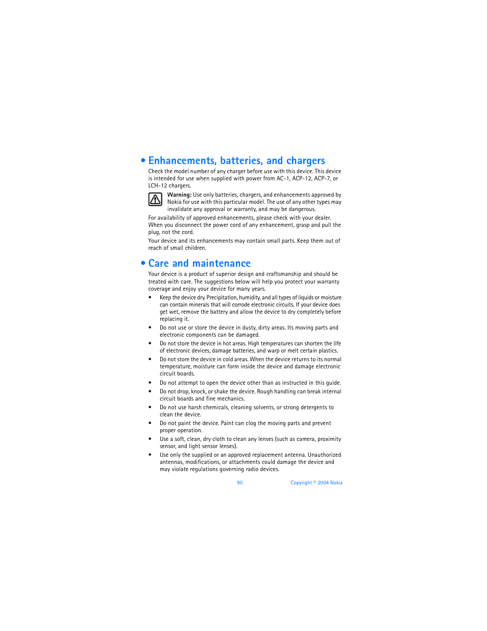 Enhancements, batteries, and chargers, Care and maintenance | Nokia 6170 User Manual | Page 91 / 209