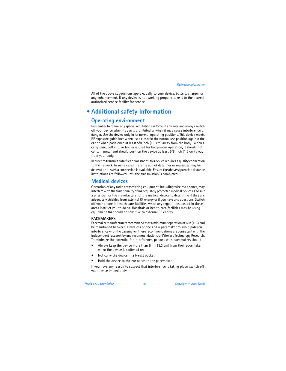 Additional safety information, Operating environment, Medical devices | Nokia 6170 User Manual | Page 92 / 209