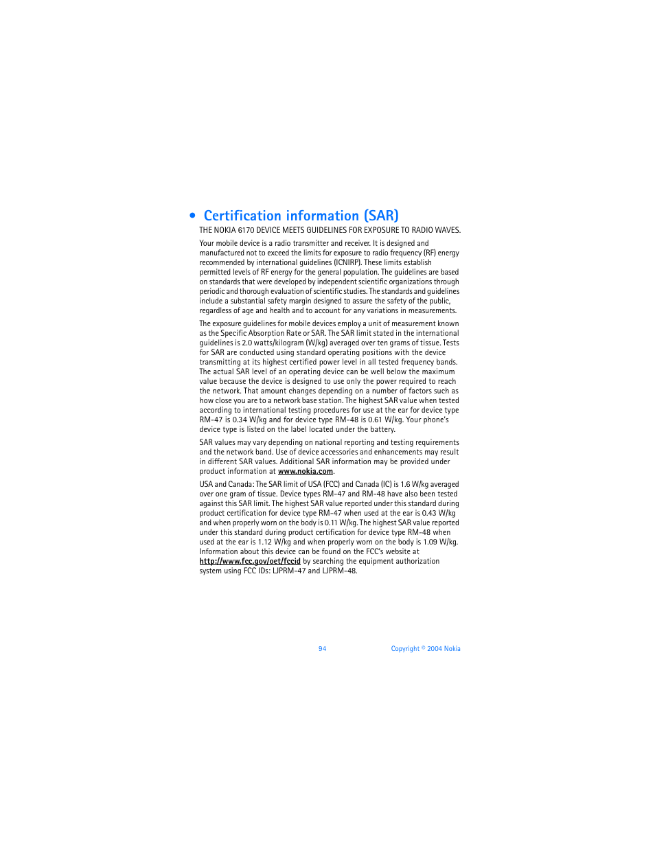 Certification information (sar) | Nokia 6170 User Manual | Page 95 / 209