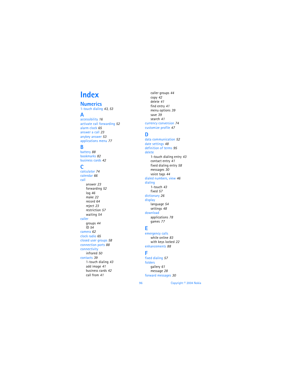 Index, Numerics | Nokia 6170 User Manual | Page 97 / 209