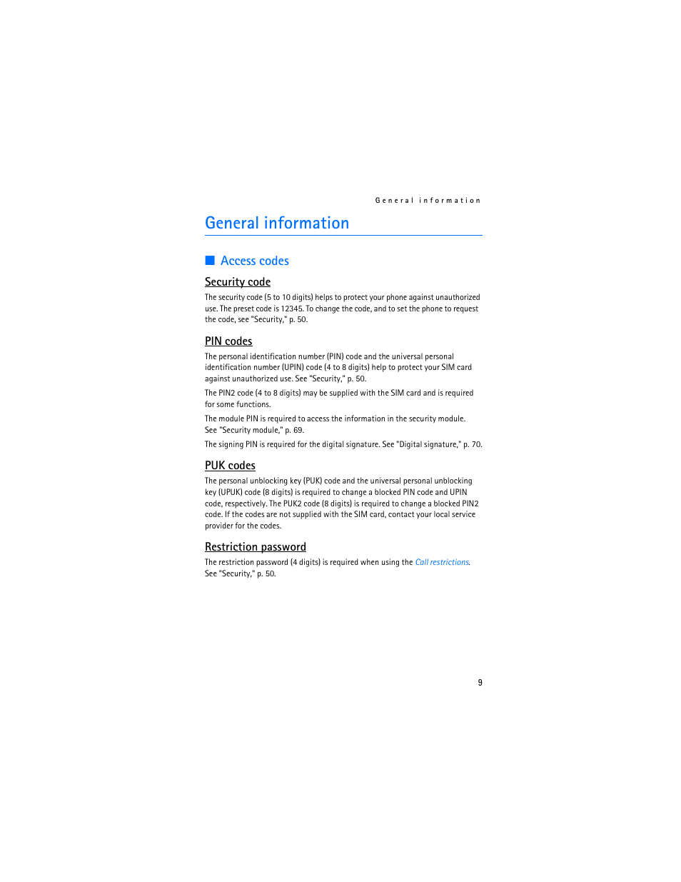 General information, Access codes | Nokia 7373 User Manual | Page 10 / 177