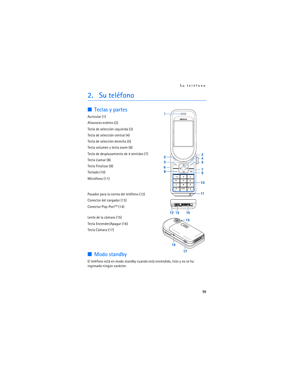 Su teléfono, Teclas y partes, Modo standby | Teclas y partes modo standby, Teclas y partes", pá | Nokia 7373 User Manual | Page 100 / 177