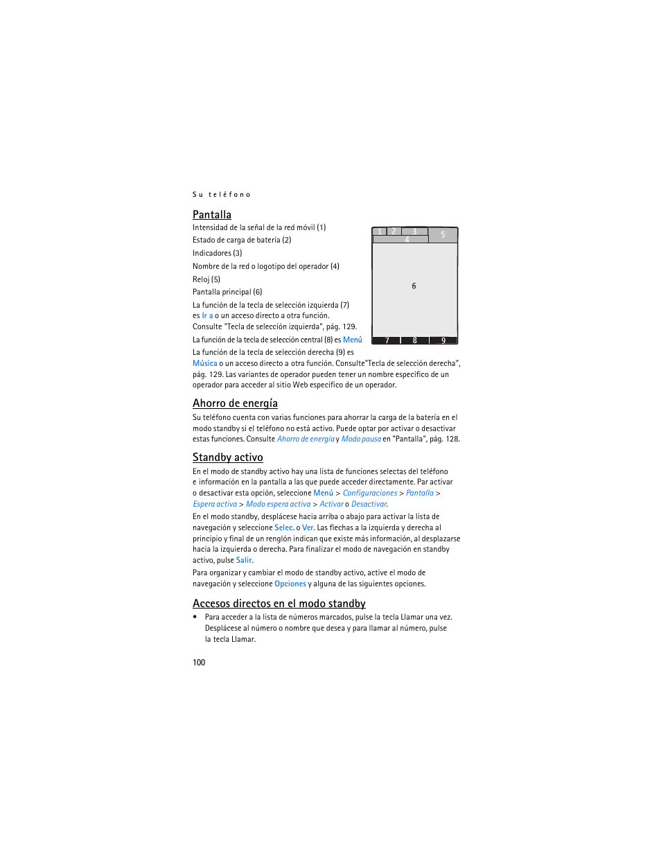 Pantalla, Ahorro de energía, Standby activo | Accesos directos en el modo standby | Nokia 7373 User Manual | Page 101 / 177