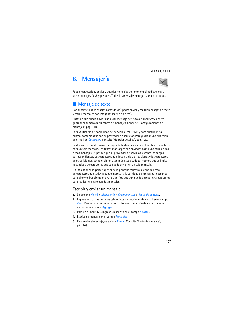 Mensajería, Mensaje de texto, Escribir y enviar un mensaje | Nokia 7373 User Manual | Page 108 / 177