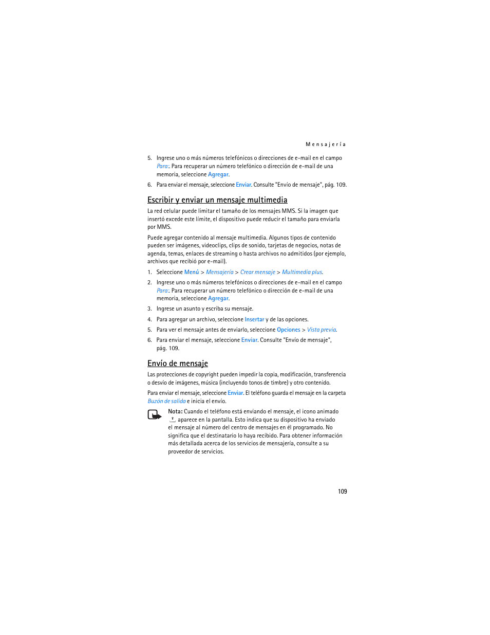 Envío de mensaje, Escribir y enviar un mensaje multimedia | Nokia 7373 User Manual | Page 110 / 177