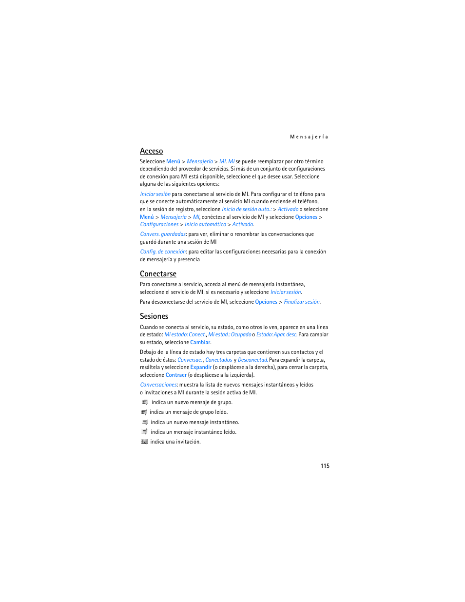 Acceso, Conectarse, Sesiones | Nokia 7373 User Manual | Page 116 / 177