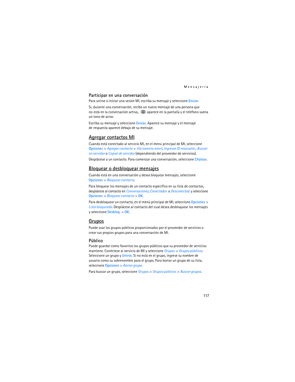 Agregar contactos mi, Grupos, Bloquear o desbloquear mensajes | Nokia 7373 User Manual | Page 118 / 177