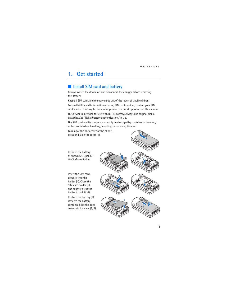 Get started, Install sim card and battery | Nokia 7373 User Manual | Page 12 / 177