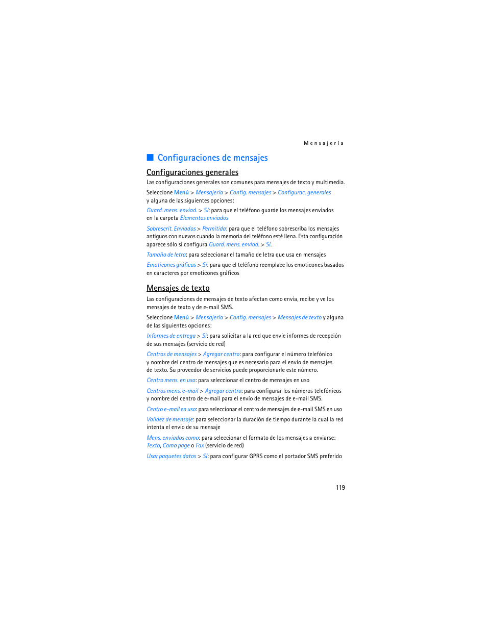 Configuraciones de mensajes, Configuraciones generales, Mensajes de texto | Nokia 7373 User Manual | Page 120 / 177