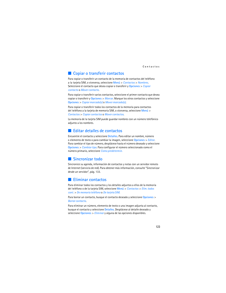 Copiar o transferir contactos, Editar detalles de contactos, Sincronizar todo | Eliminar contactos | Nokia 7373 User Manual | Page 124 / 177