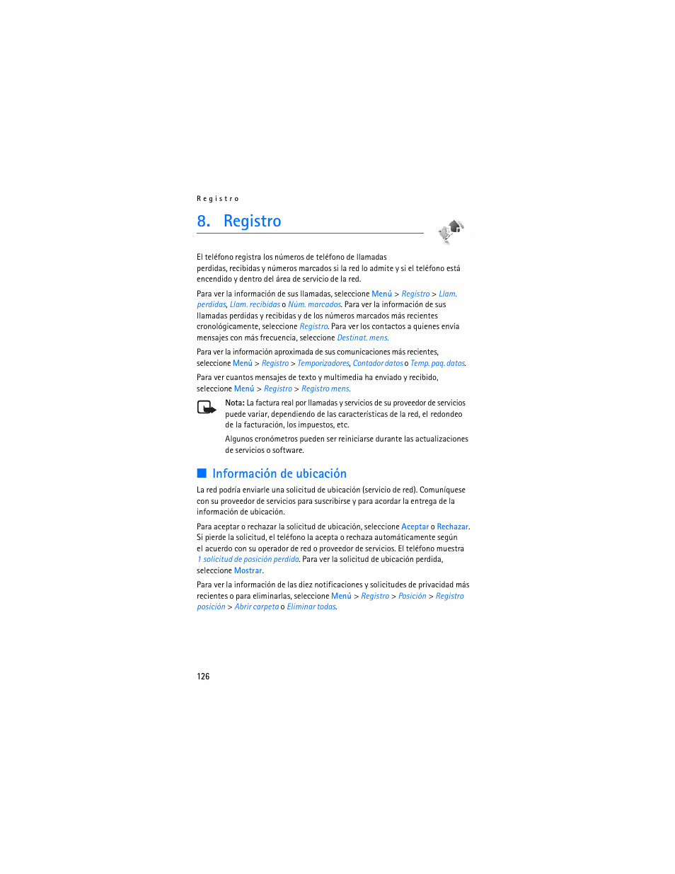 Registro, Información de ubicación | Nokia 7373 User Manual | Page 127 / 177