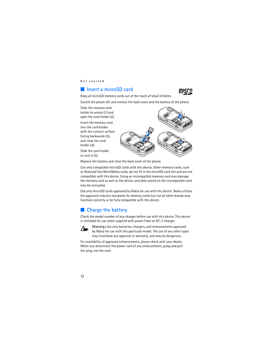 Insert a microsd card, Charge the battery, Insert a microsd card charge the battery | Nokia 7373 User Manual | Page 13 / 177